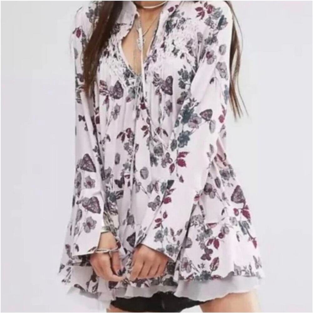 Free People Floral Smocked Tunic Blouse Women's Med Purple Cottagecore Flowy